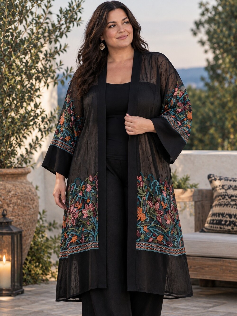 Sheer Black Embroidered Floral Kimono Robe